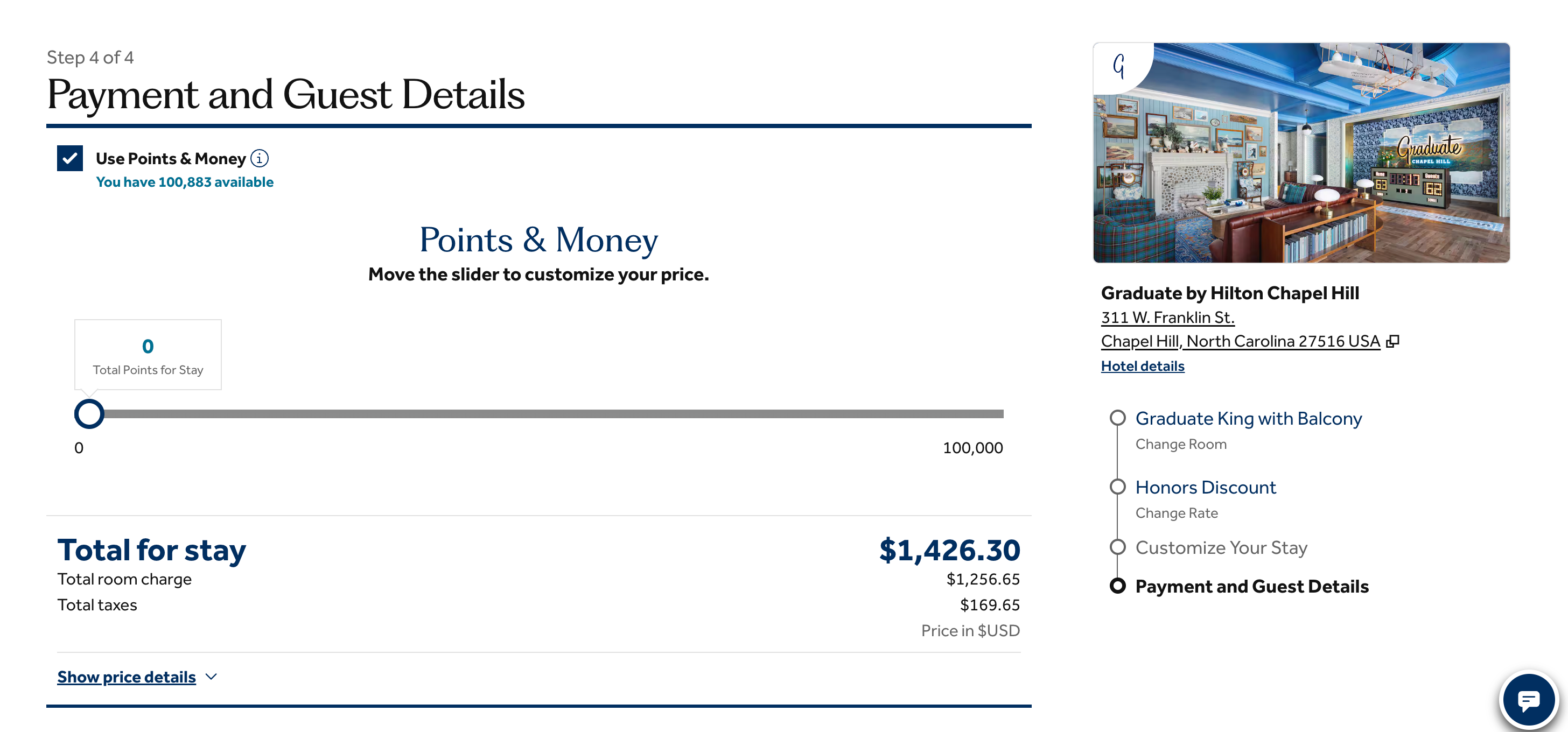 Graduate Chapel Hill booking with cash screenshot